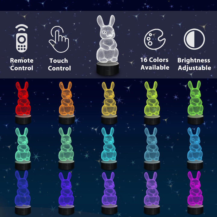 Lampeez 3D Rabbit Lamp Bunny Night Light 3D Illusion lamp for Kids, 16 Colors Changing with Remote, Kids Bedroom Decor as Xmas Holiday Birthday Easter Gifts for Boys Girls