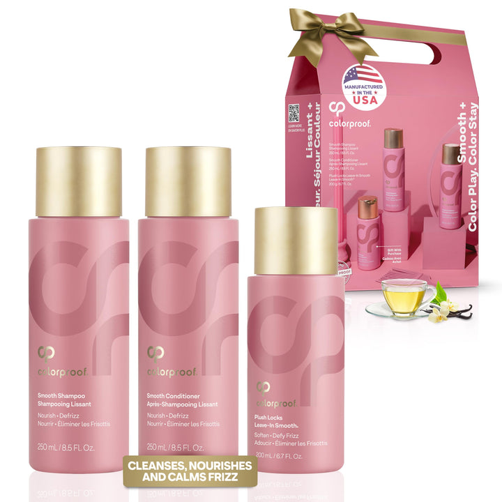 Colorproof Smooth Holiday Gift Set — Smooth Shampoo (8.5 Fl. Oz.), Smooth Conditioner (8.5 Fl. Oz.), and Plush Locks Leave-In Smooth (6.7 Fl. Oz.), Hair Smoother for Frizzy Hair