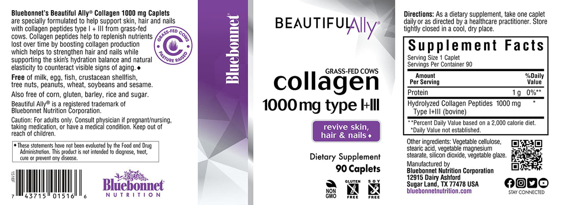 Bluebonnet Nutrition Beautiful Ally Collagen Caplets, Hydrolyzed Collagen from Grass Fed Cows, Collagen Peptides Type 1 & 3, Non GMO, Gluten Free, Soy Free, Milk Free, 90 caplets, 90 Day Supply
