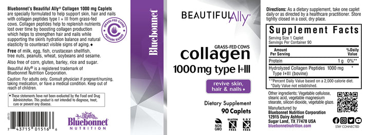 Bluebonnet Nutrition Beautiful Ally Collagen Caplets, Hydrolyzed Collagen from Grass Fed Cows, Collagen Peptides Type 1 & 3, Non GMO, Gluten Free, Soy Free, Milk Free, 90 caplets, 90 Day Supply