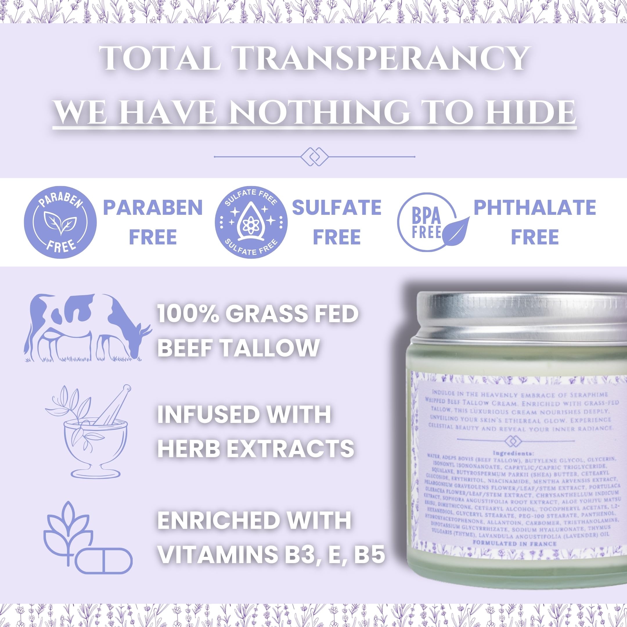 Seraphime Whipped Beef Tallow for Skin Care, Organic Pure Grass Fed Beef Tallow Moisturizer Cream for Face & Body Lotion, Cow Tallow with Niacinamide, Shea Butter & Aloe, Vanilla Lavender 4oz