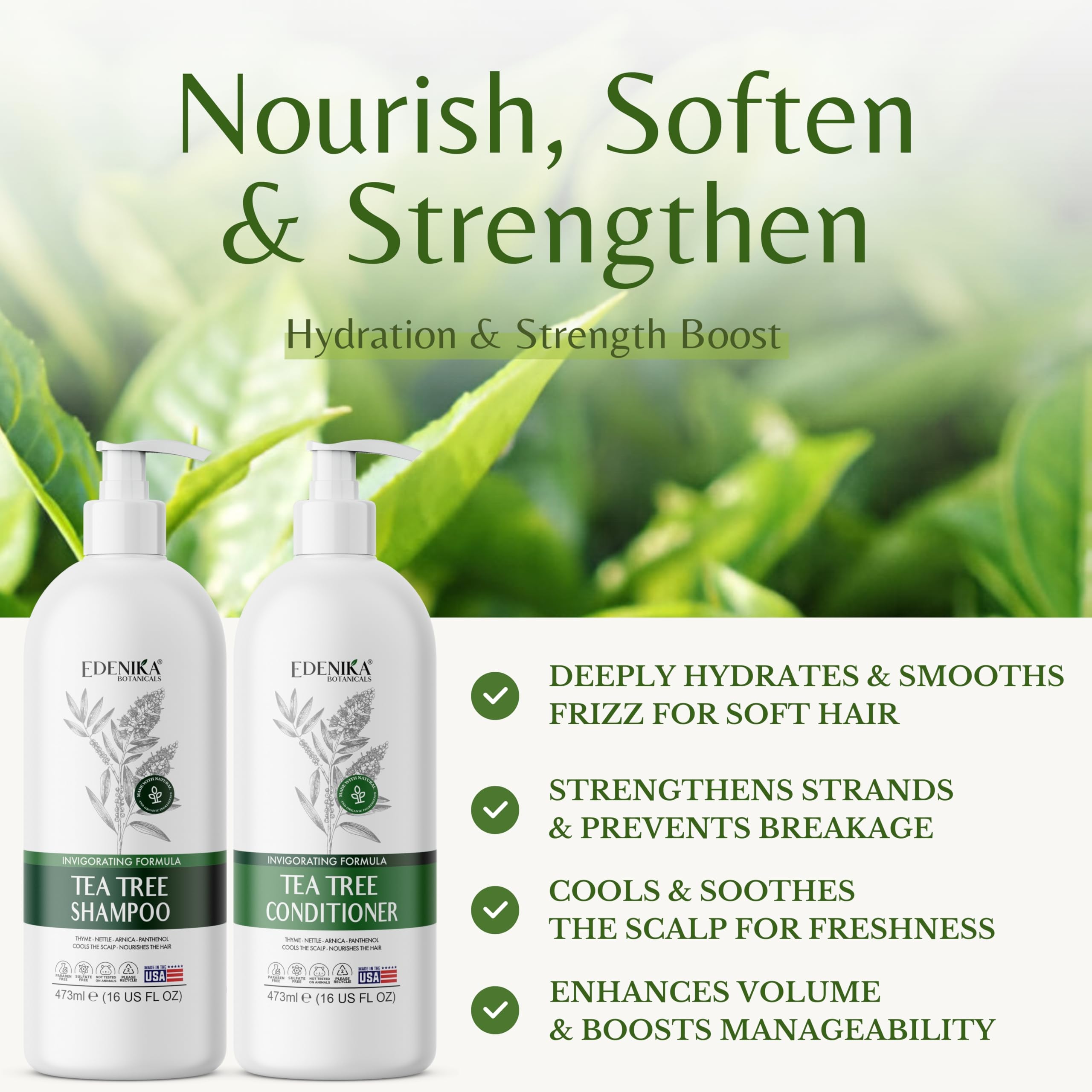 EDENIKA Tea Tree Shampoo & Conditioner Set – Deep Cleansing & Detoxifying, Invigorating, Soothes Itchy Scalp, Nourishes & Strengthens Hair – For All Hair Types, 16 fl oz Each