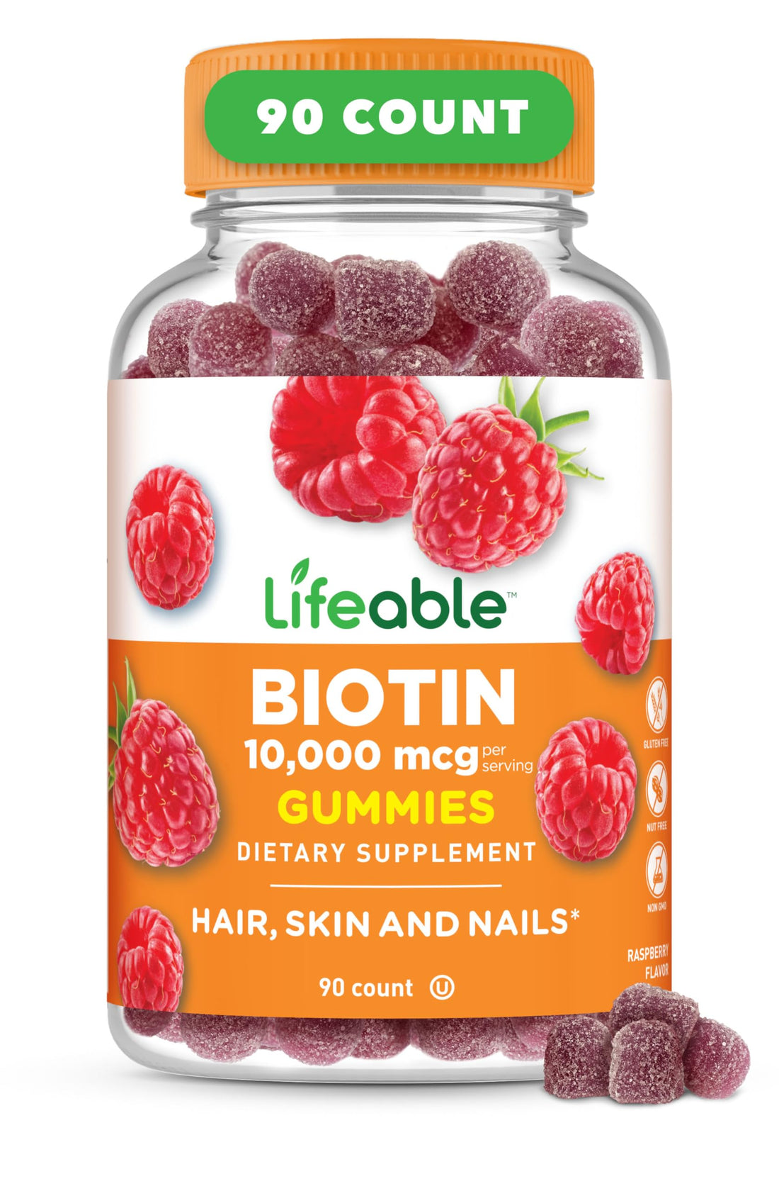 Lifeable Biotin Gummies | 10,000mcg | Great Tasting Hair Skin and Nails Gummies | GMO-Free Vegan Biotin Supplement | Hair Skin and Nails Vitamins for Women | 90 Gummies
