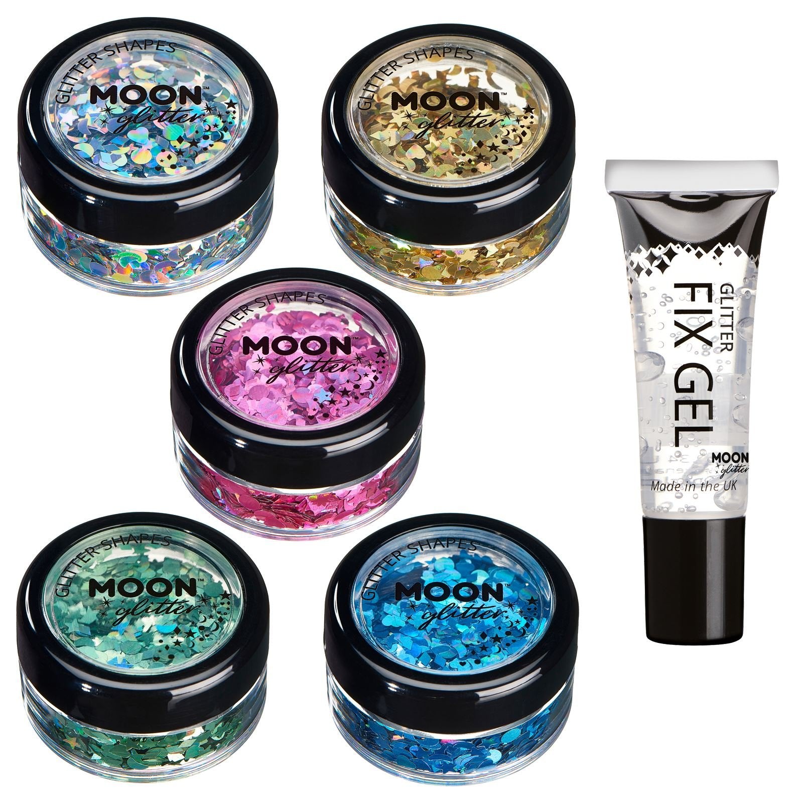 Holographic Glitter Shapes by Moon Glitter – 100% Cosmetic Glitter for Face, Body, Nails, Hair and Lips - 0.10oz - Set of 5 colours