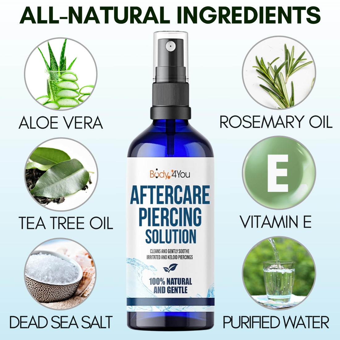 BodyJ4You Piercing Aftercare Spray - Saline Solution Natural Keloid Bump Removal - Ear Piercing Cleaner Nose Septum Belly Button Cartilage - Sea Salt Aloe Vera Rosemary - Fine Mist 2 Fl Oz
