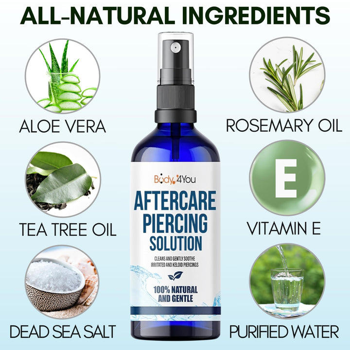 BodyJ4You Piercing Aftercare Spray - Saline Solution Natural Keloid Bump Removal - Ear Piercing Cleaner Nose Septum Belly Button Cartilage - Sea Salt Aloe Vera Rosemary - Fine Mist 2 Fl Oz