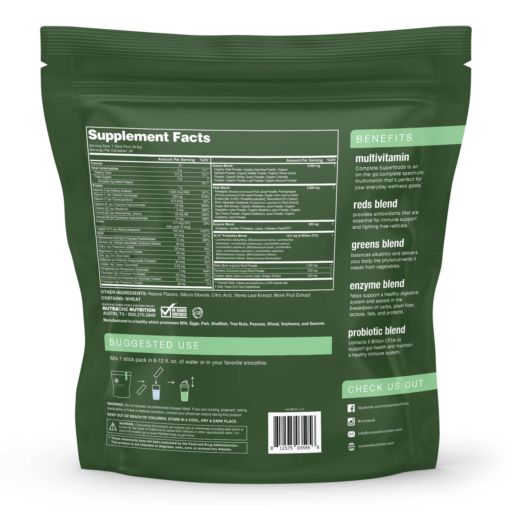 Complete Superfoods, Complete Spectrum Multivitamin, Greens and Reds Blend, Enzymes, Probiotics (Raspberry Pomegranate, 30 Stick Packs)