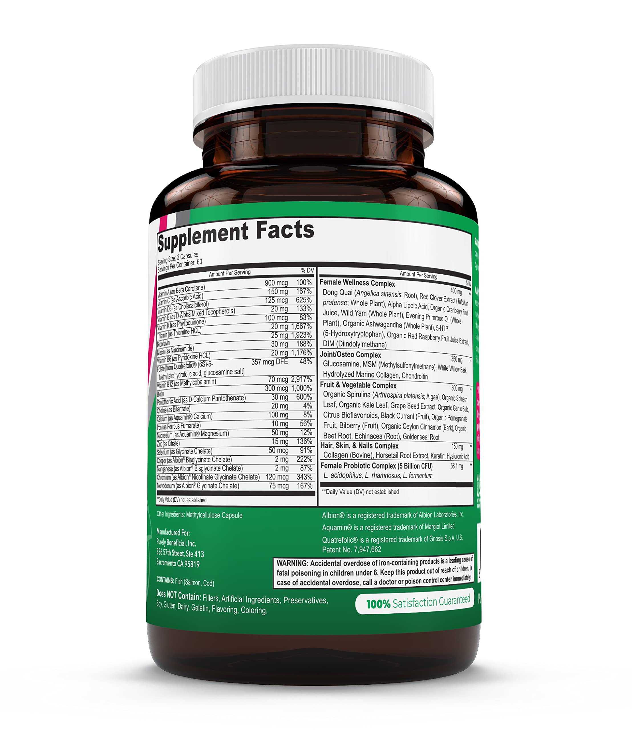 PURELY beneficial Women’s Whole Food MultiVitamin –58 Key Nutrients Including Vitamins, Minerals, Herbs, Probiotics, with Iron, Hair, Skin & Nail Complex for Complete Female Wellness- 180 Capsules