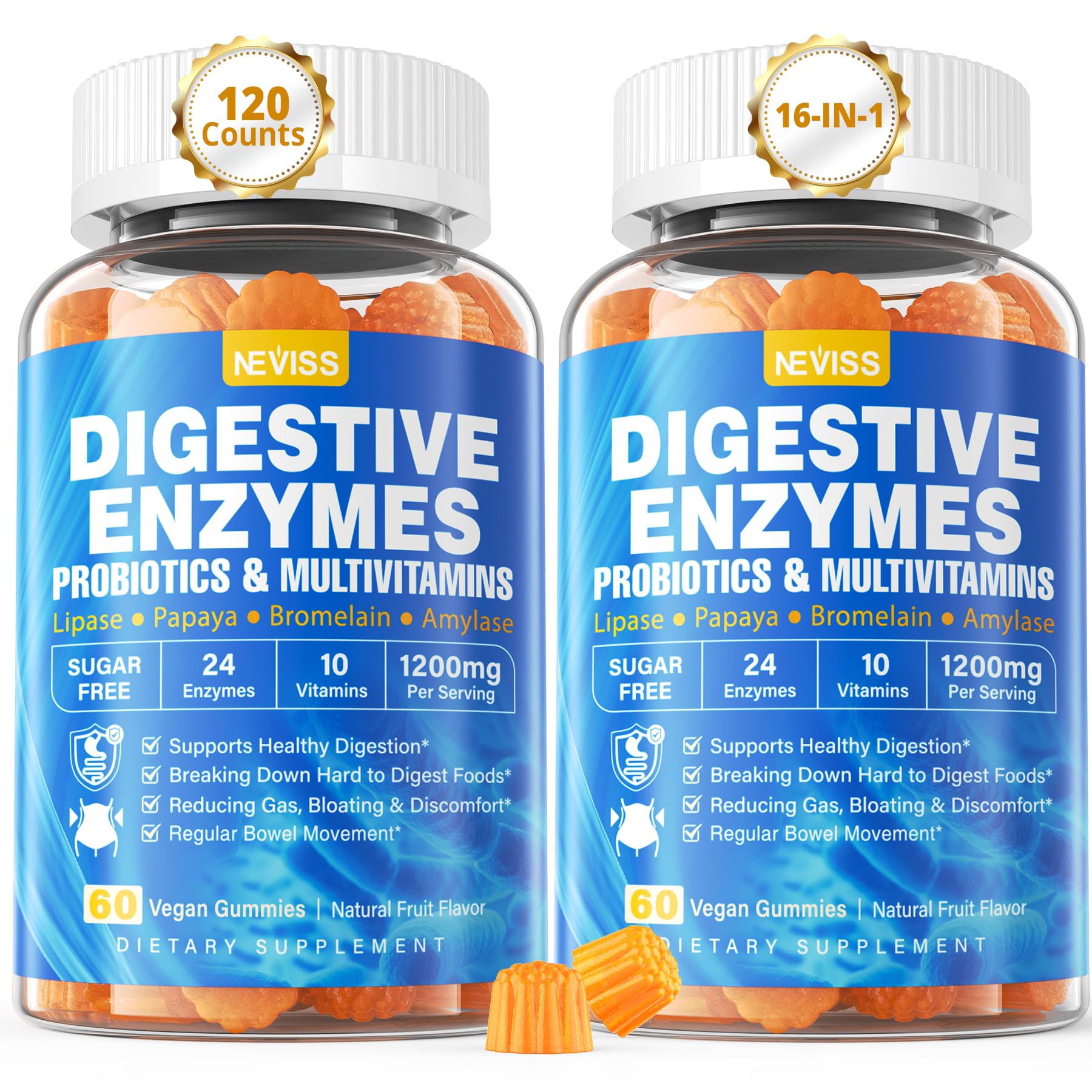 Digestive Enzymes with Probiotic Gummies, Multivitamins, Calcium, Magnesium - All 24 Essential Chewable Multi Enzymes - Papaya, Lipase, Amylase, Bromelain - Breaking Down Carbs, Proteins, Fats, 2Packs