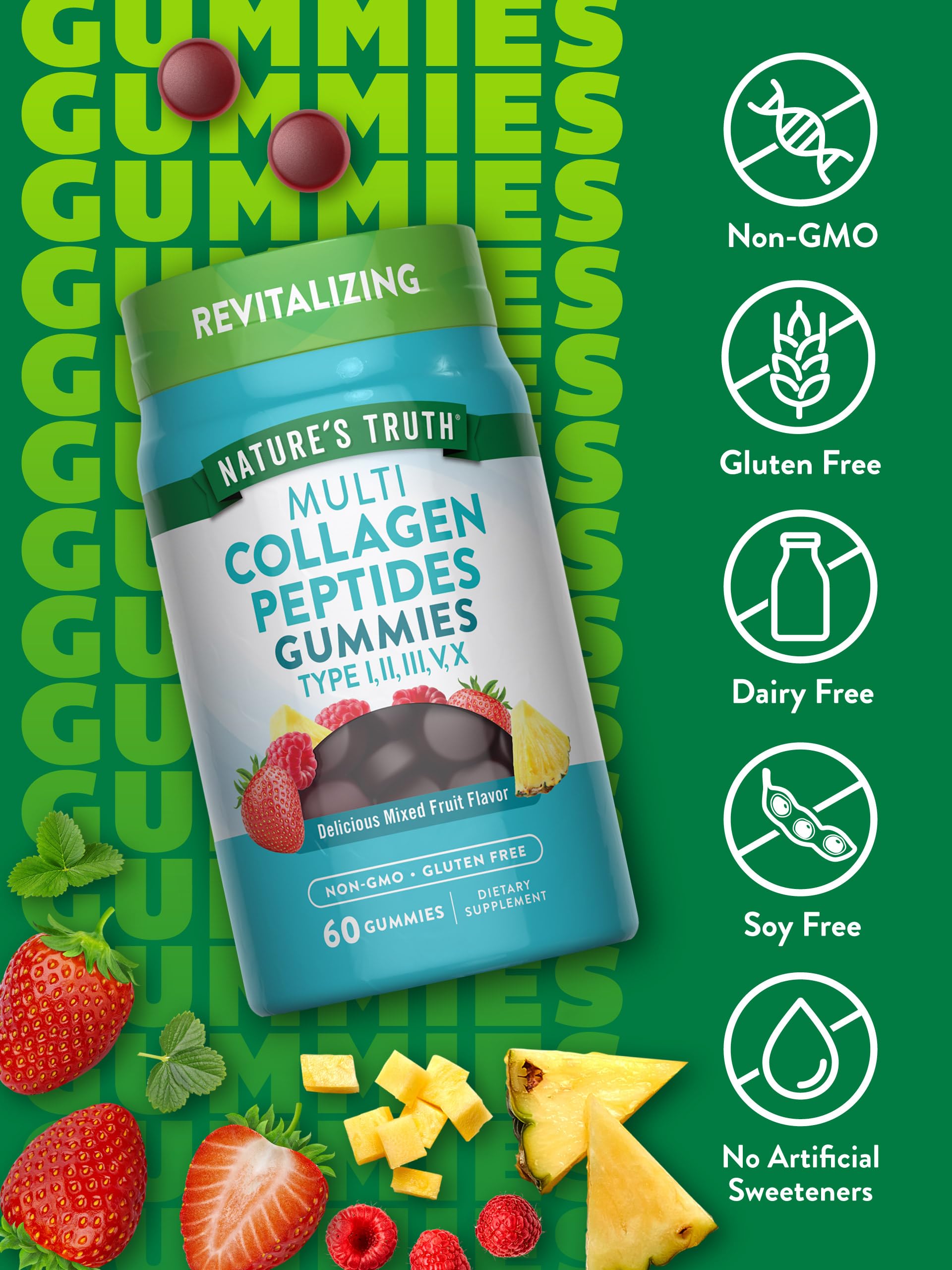 Nature's Truth Multi Collagen Gummies | Type I, II, III, V, X | 60 Count | Non-GMO & Gluten Free Complex Supplement | Mixed Fruit Flavor