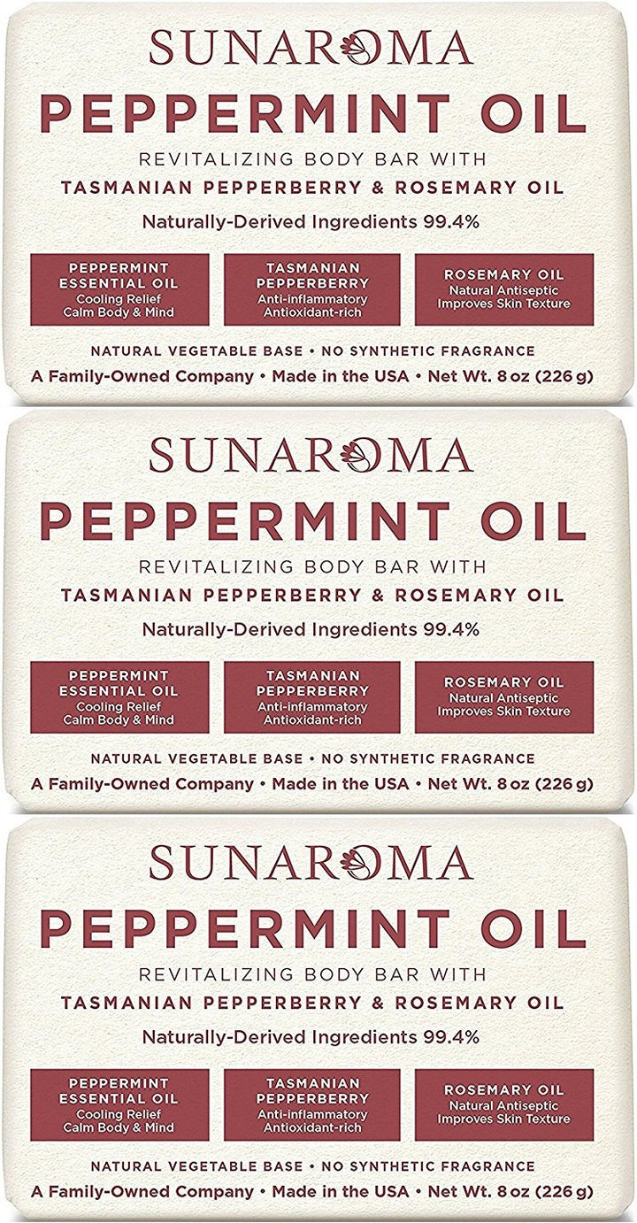 Sunaroma Peppermint Oil & Rosemary Body Bar Soap, 8 Ounce (Pack of 3)