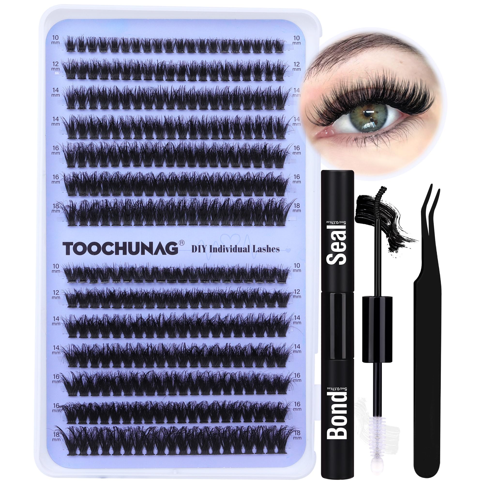 Lash Extension Kit Fluffy Eyelash Extension Kit 60D+80D Thick Lash Clusters Kit with Lash Bond and Seal Wispy Individual Eyelashes Cluster with Lashes Tweezers by TOOCHUNAG(280Pcs,10-18mm)