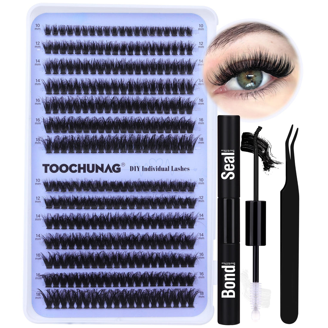 Lash Extension Kit Fluffy Eyelash Extension Kit 60D+80D Thick Lash Clusters Kit with Lash Bond and Seal Wispy Individual Eyelashes Cluster with Lashes Tweezers by TOOCHUNAG(280Pcs,10-18mm)
