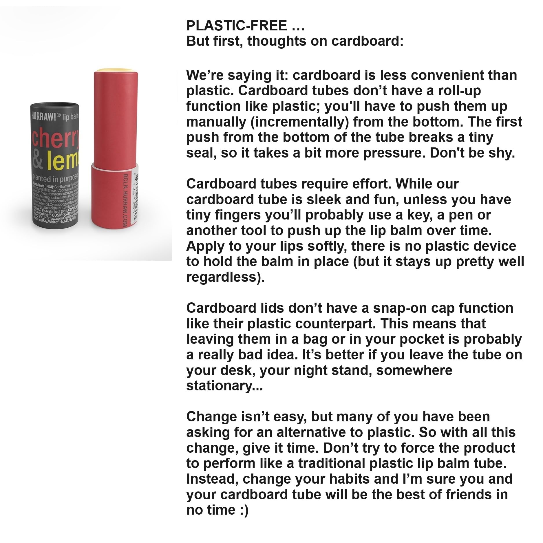 Hurraw! Cherry & Lemon Lip Balm: Plastic-Free with new cardboard push-up tube. Certified Organic, 100% Natural Origin, Vegan, and Cruelty Free. Gluten Free. Bee, Shea, Soy and Palm Free. Made in USA
