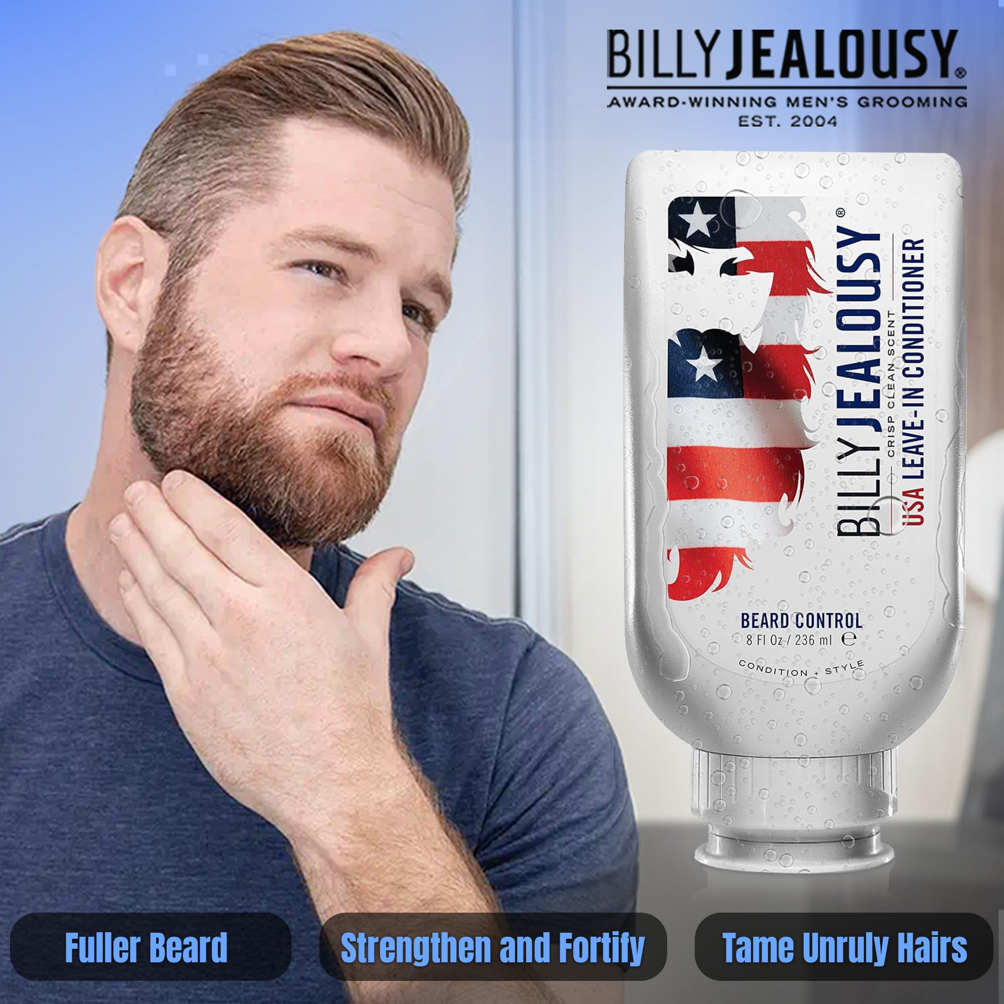 Billy Jealousy Original Beard Control Leave In Beard Conditioner for Men with Aloe Leaf Juice and Jojoba Seed Oil, Softens Hair and Skin, Light Hold with Matte Finish, 8 Fl Oz