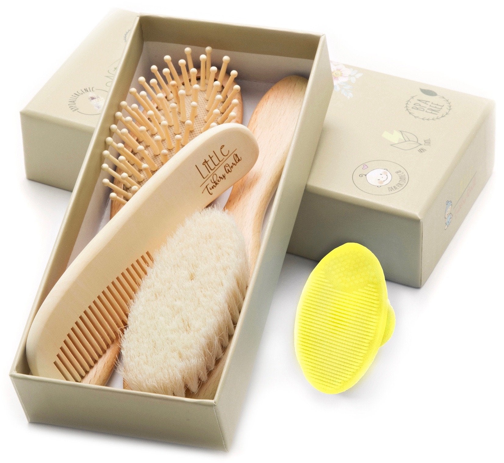 Wooden Hair Brush and Comb Set (4-Piece) for Newborns and Toddlers | Ideal for Cradle Cap | Massage and Scalp Bristles | Perfect Baby Registry Gift
