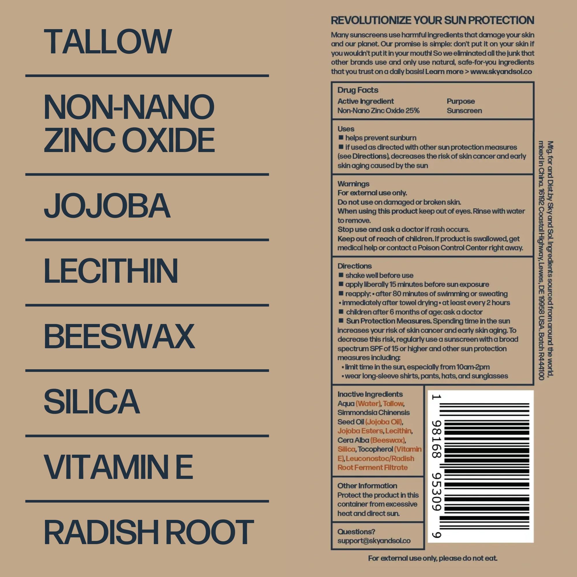 Sky and Sol Non-Toxic Natural Mineral Sunscreen SPF 50 | Safest Organic Natural Tallow & Zinc Oxide Sunblock | Reef Safe, Clean Non-Greasy Formula for Face and Body | Women and Men. 3 oz (85 g)