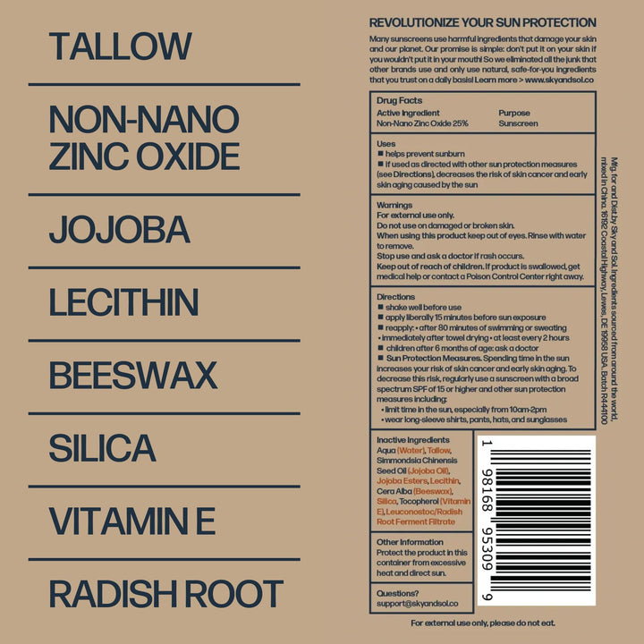 Sky and Sol Non-Toxic Natural Mineral Sunscreen SPF 50 | Safest Organic Natural Tallow & Zinc Oxide Sunblock | Reef Safe, Clean Non-Greasy Formula for Face and Body | Women and Men. 3 oz (85 g)