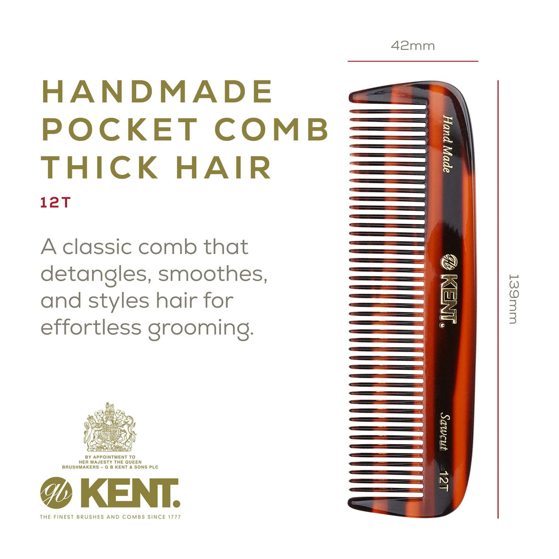 Kent Authentic Handmade Pocket Comb, Dark Brown, 146mm