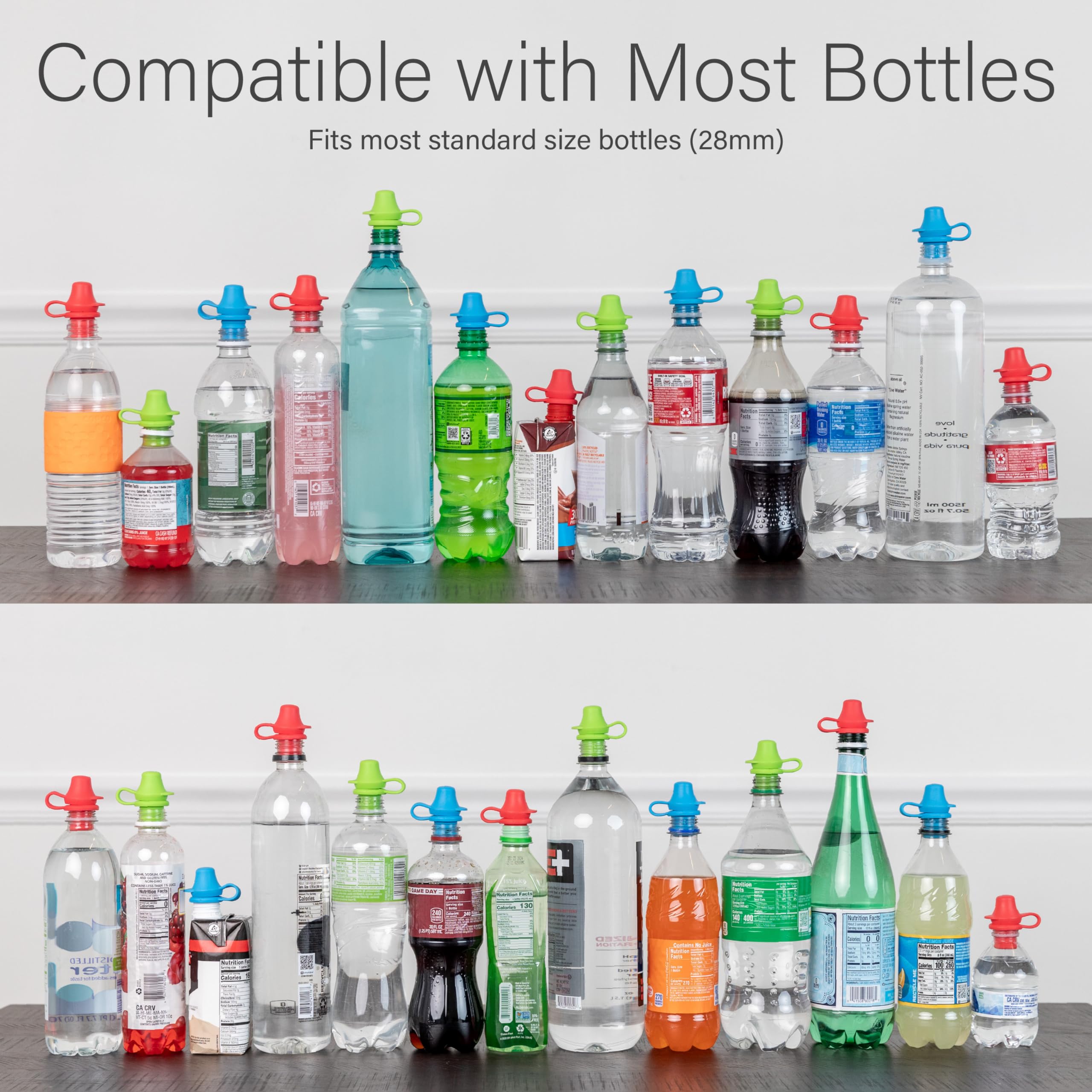 Kiddikap Original Water and Juice Bottle Topper, Soft Silicone Leak Proof Spout Conversion Cap to Make Spill Proof Drinks for Toddlers, Kids, or Adults, Travel Essential - 3 Pack (Blue, Green, Red)