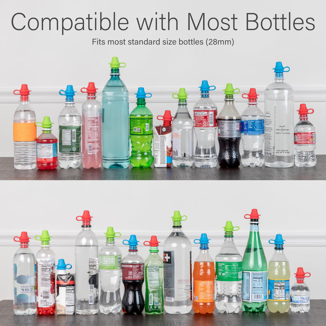 Kiddikap Original Water and Juice Bottle Topper, Soft Silicone Leak Proof Spout Conversion Cap to Make Spill Proof Drinks for Toddlers, Kids, or Adults, Travel Essential - 3 Pack (Blue, Green, Red)