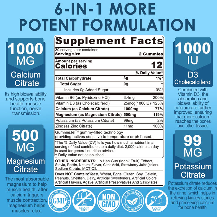 Calcium Citrate 1000mg Filled Gummies + Vitamin D3, Magnesium, Potassium, Zinc & B6 - Bones Strength, Muscle & Immune Support - Sugar Free Calcium Supplement for Women Men, Vegan Calcium Chews, 60Cts