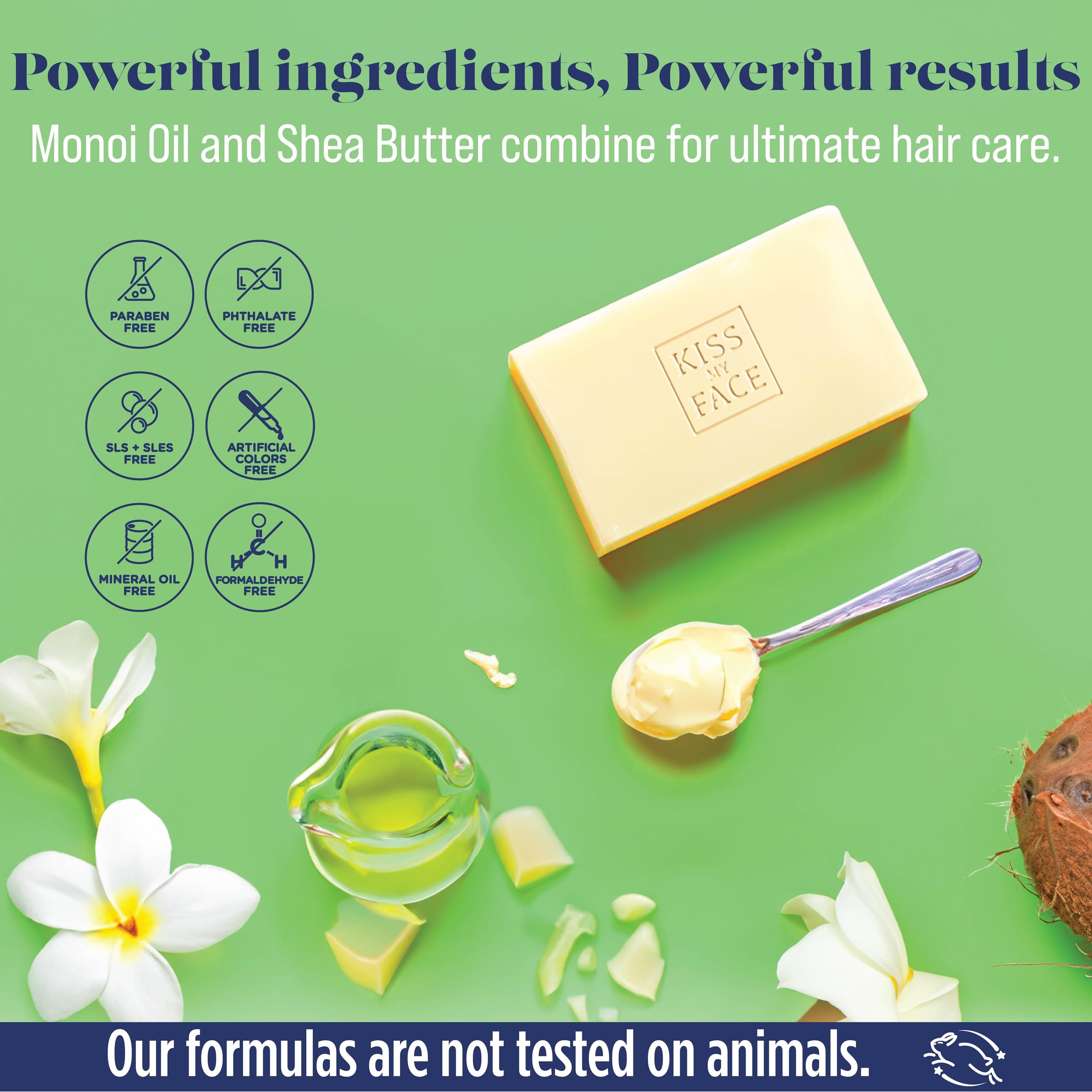 Kiss My Face 2-in-1 Shampoo + Conditioner Bar - Hydrating, Soothing, Smoothening for All Hair Types, Palm Oil-Free, Cruelty-Free with Monoi Oil and Shea Butter