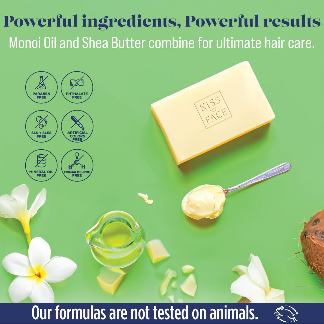 Kiss My Face 2-in-1 Shampoo + Conditioner Bar - Hydrating, Soothing, Smoothening for All Hair Types, Palm Oil-Free, Cruelty-Free with Monoi Oil and Shea Butter