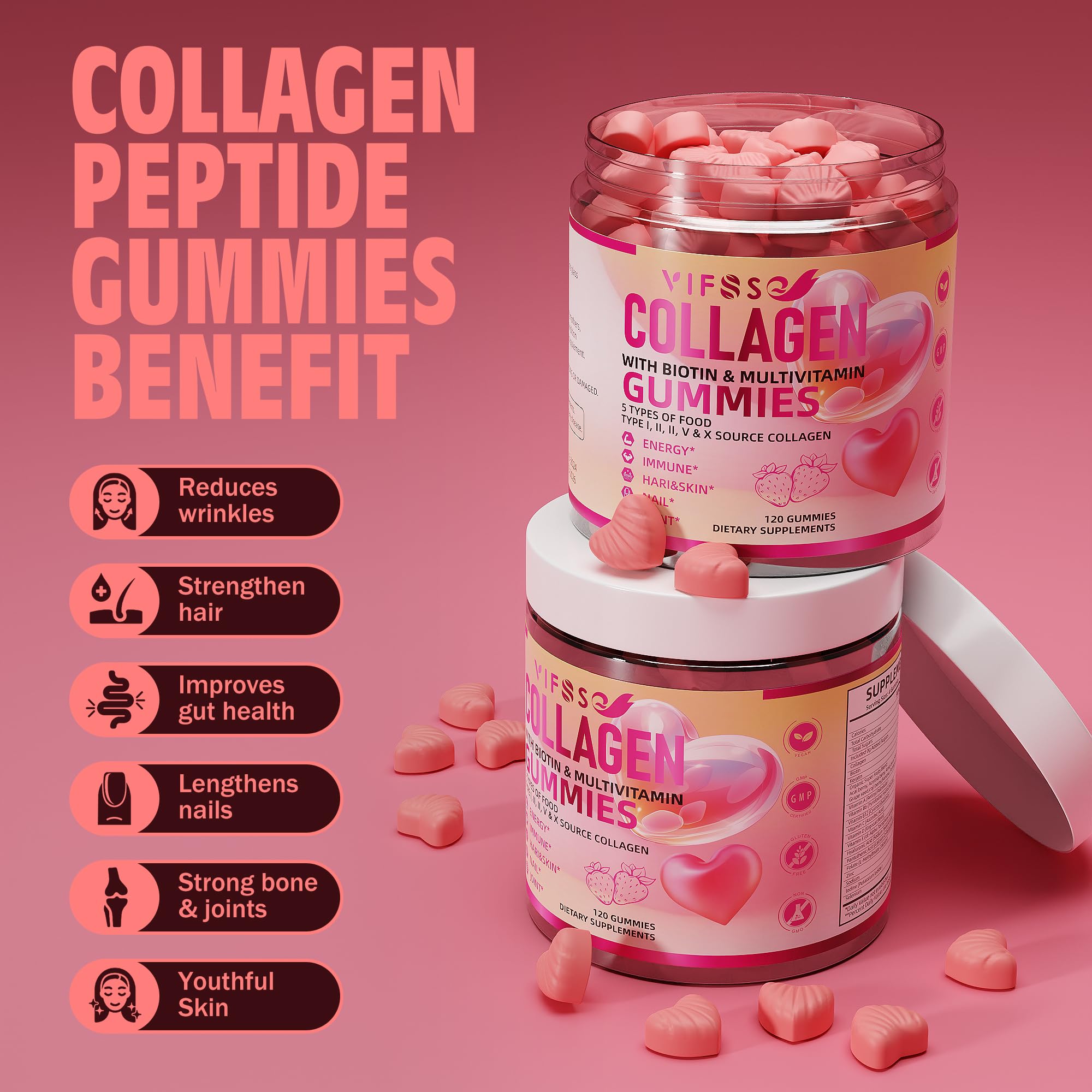VIFSSG Collagen Peptide Gummies for Women,120 Sugar-Free Hydrolyzed, Extra Strength 2500mg Protein Type I,II,III,V,X with 15000mcg Biotin and Vitamin A B6 B12 C D E for Hair Skin Nail