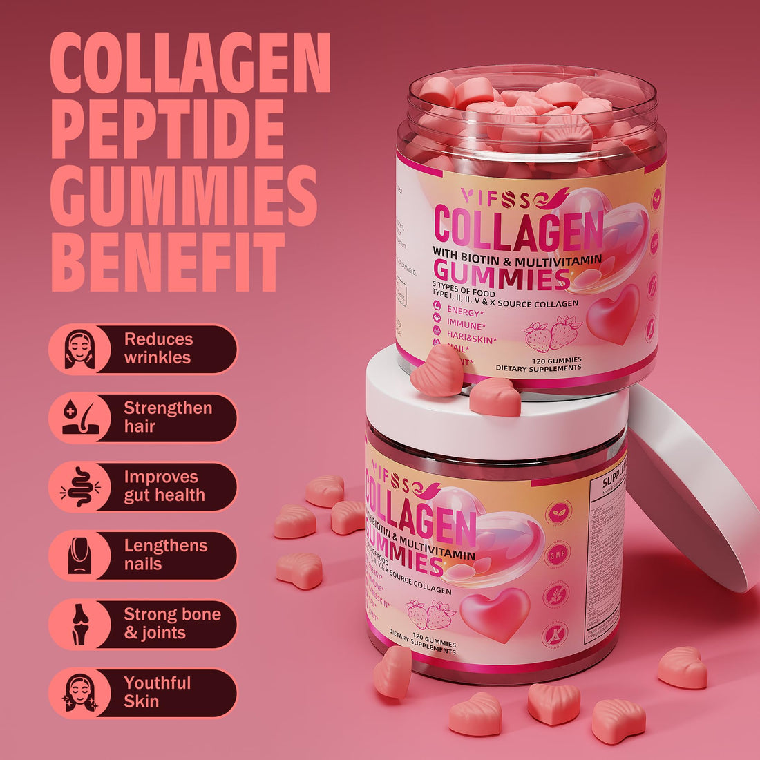VIFSSG Collagen Peptide Gummies for Women,120 Sugar-Free Hydrolyzed, Extra Strength 2500mg Protein Type I,II,III,V,X with 15000mcg Biotin and Vitamin A B6 B12 C D E for Hair Skin Nail