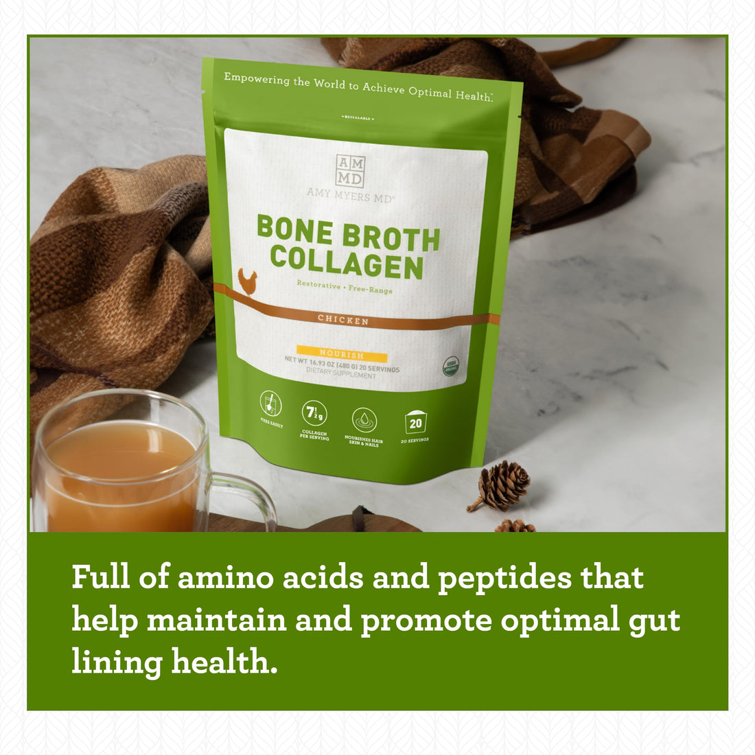 Amy Myers MD Bone Broth Collagen Powder - Type II Collagen Protein Powder from Organic Chicken Bone Broth - Supports Hair, Skin, Nails, Bones & Joints Health - Keto Friendly, 20 Servings (Chicken)