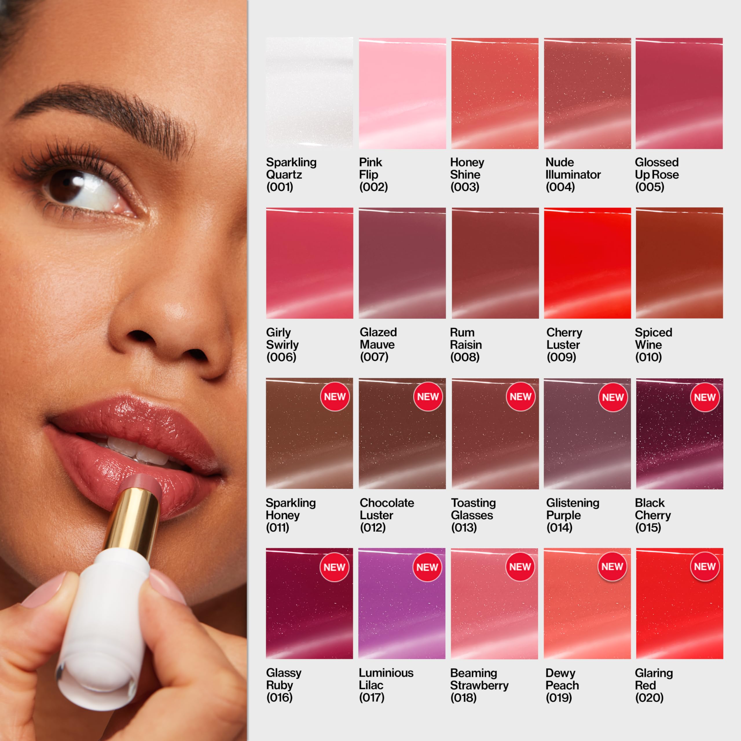 REVLON Super Lustrous Glass Shine Balm, Hydrating Tinted Lip Balm with Hyaluronic Acid, Aloe & Rose Quartz, Light-Medium Coral Lipstick, 019 Dewy Peach, 0.11 oz