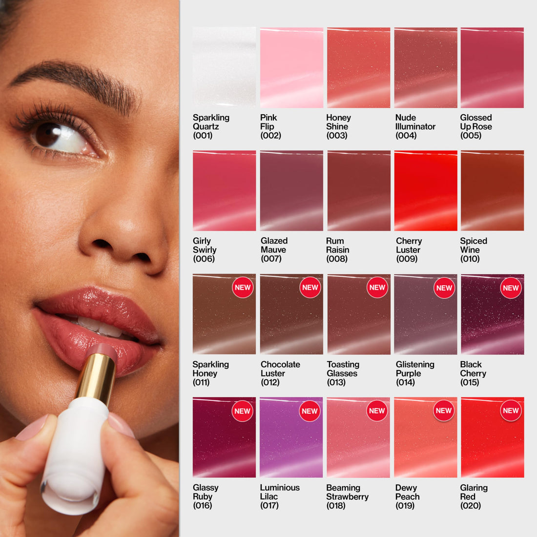 REVLON Super Lustrous Glass Shine Balm, Hydrating Tinted Lip Balm with Hyaluronic Acid, Aloe & Rose Quartz, Light-Medium Coral Lipstick, 019 Dewy Peach, 0.11 oz