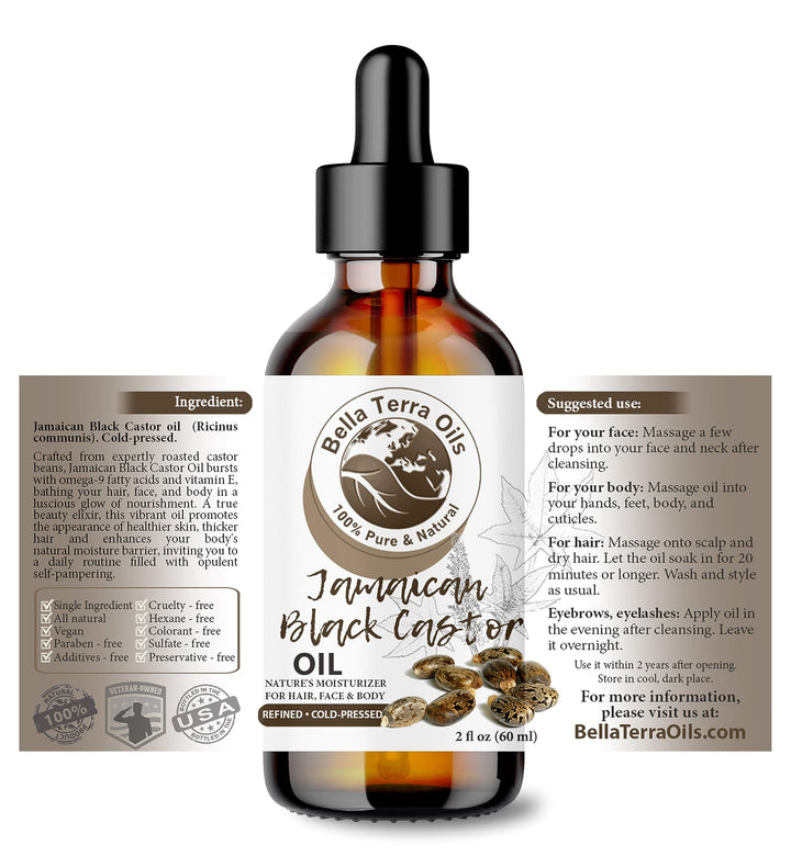 Bella Terra Oils - Black Castor Oil 2oz - Cold-Pressed Purity, A Beacon of Natural Beauty, Loaded with Beneficial Fatty Acids