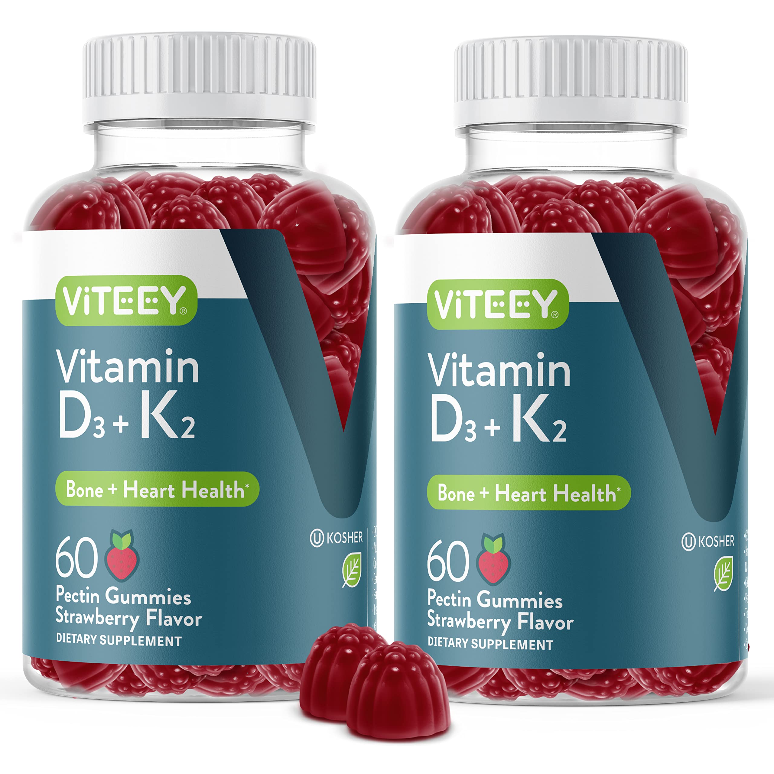 Vitamin D3 K2 Gummies - 1000 IU Vitamin D3 and K2 100mcg - Bone & Heart Health for Adults and Teens - Vegetarian, Gelatin Free, GMO Free - Tasty Chewable D3K2 Vitamins Strawberry Flavored Gummy