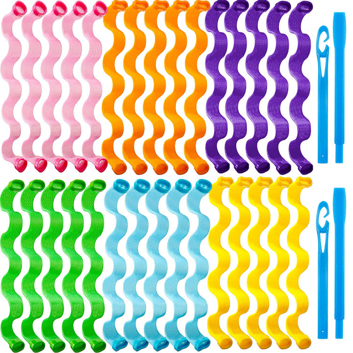 30 Pieces Heatless Hair Waves Curlers Spiral Curls Styling Kit No Heat Hair Curlers Waver Spiral Curlers Hair Rollers with 2 Pieces Styling Hooks for Most Hairstyles (55 cm)