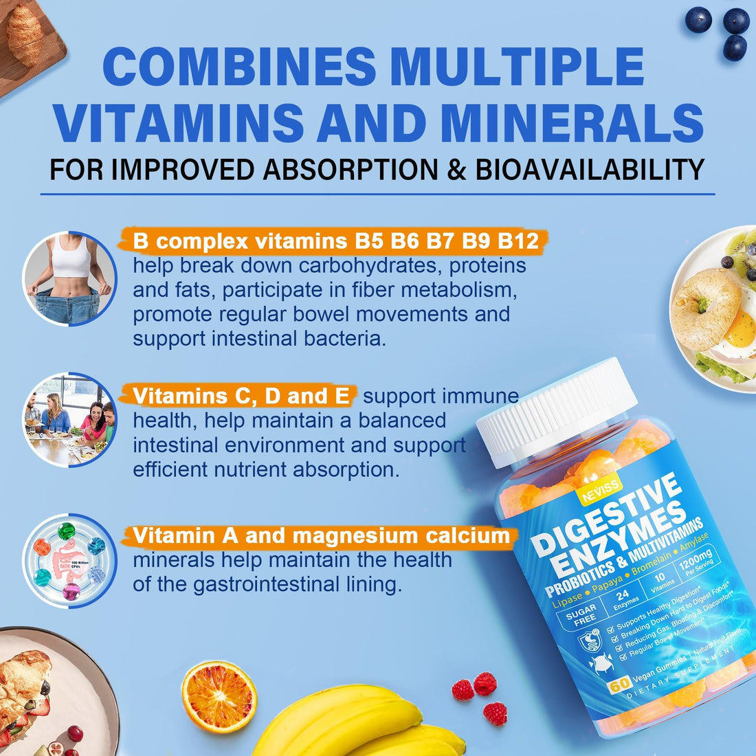 1Pack Digestive Enzymes with Probiotic Gummies, Multivitamins, Calcium, Magnesium - All 24 Essential Chewable Multi Enzymes - Papaya, Lipase, Amylase, Bromelain - Breaking Down Carbs, Proteins, Fats