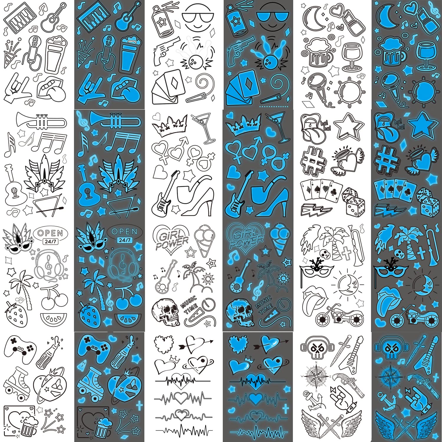 glaryyears 80+ Glow in the Dark Blue Temporary Tattoos for Adults, Mixed Style Tattoo, Luminous Pub Music Sexy Holiday Guns Fake Tattoo, Men Women Party Favor Supplies