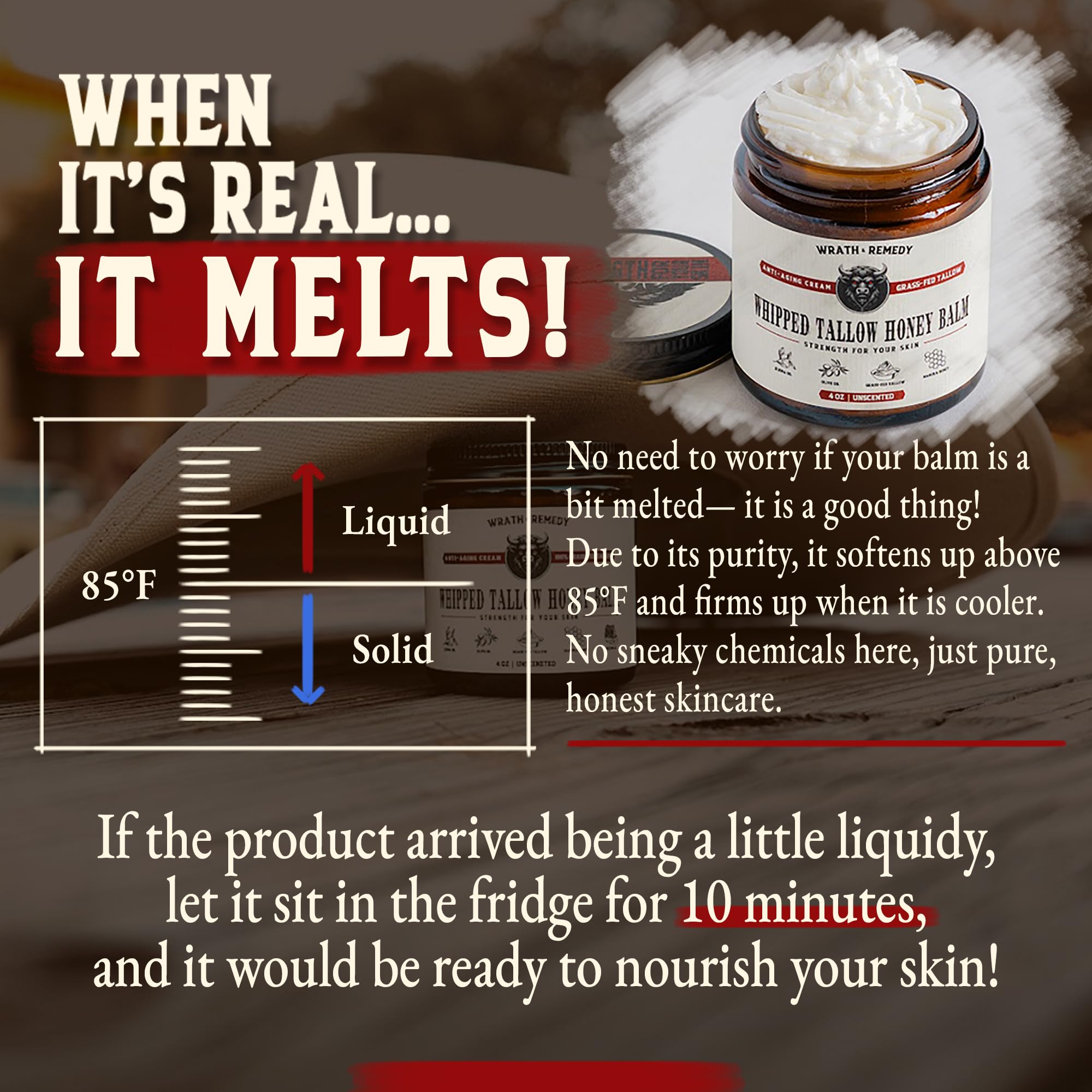 Wrath & Remedy Handmade Whipped Organic Beef Tallow for Skin - 4 OZ (Unscented) — Grass Fed Beef Tallow Moisturizer and Honey Balm for Silky, Sensitive-Skin, Eczema, Rosacea - Free of Harsh Chemicals