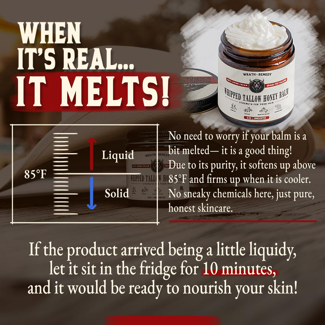 Wrath & Remedy Handmade Whipped Organic Beef Tallow for Skin - 4 OZ (Unscented) — Grass Fed Beef Tallow Moisturizer and Honey Balm for Silky, Sensitive-Skin, Eczema, Rosacea - Free of Harsh Chemicals