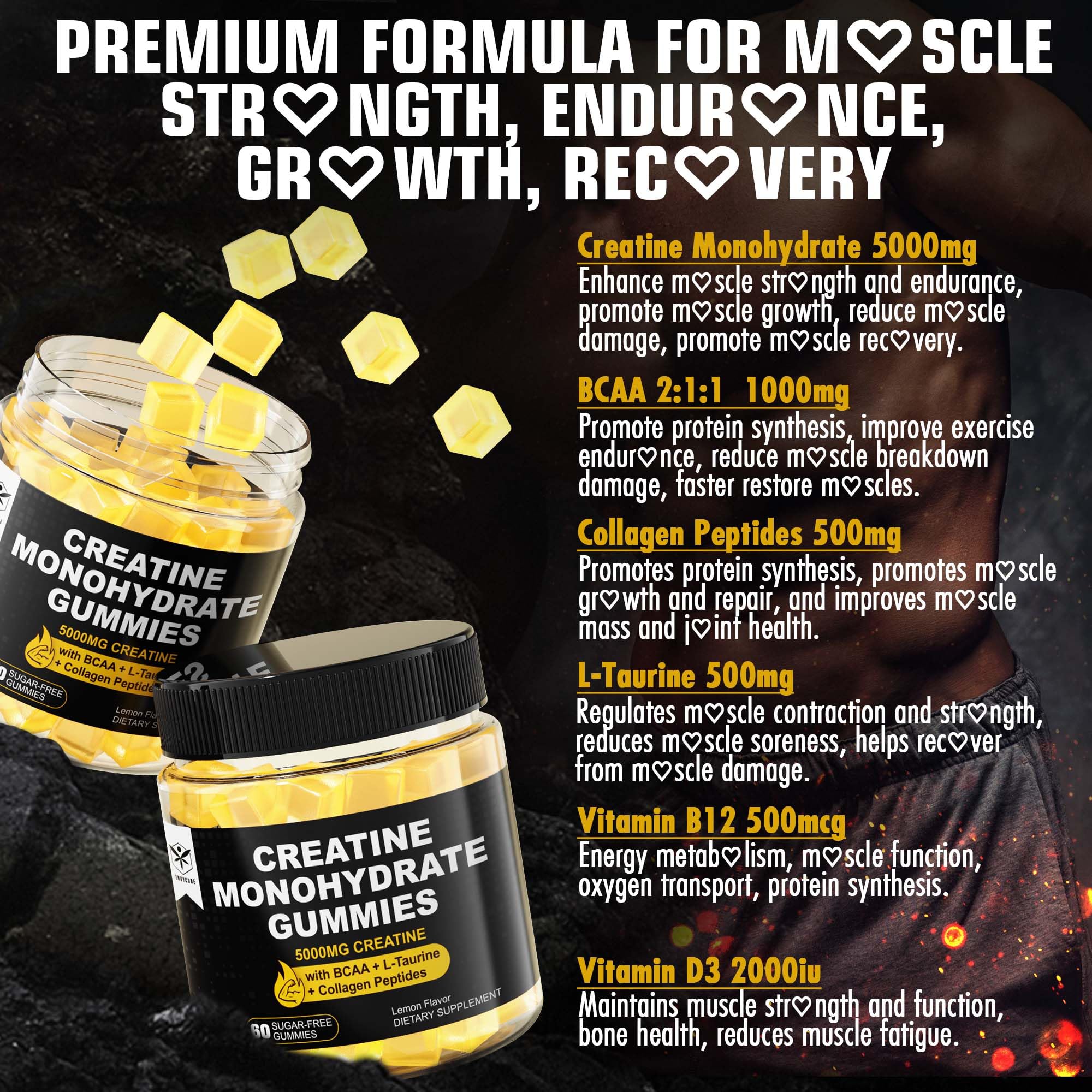 Creatine Monohydrate Gummies for Men & Women - with BCAA, Collagen Peptides, L-Taurine, Vitamin B12, D3, Chewables Creatine Monohydrate 5g Per Serving, Natural Lemon Flavor, Sugar Free, 2 Pack