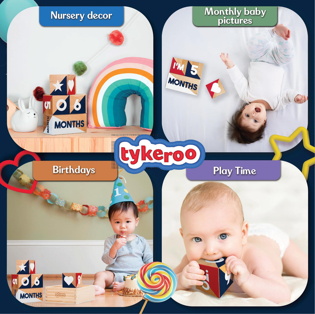 Tykeroo Baby Monthly Milestone Blocks — Cute Nursery Decor — Lovely Newborn Photography Props — Baby Shower Gifts (Red, White & Blue)