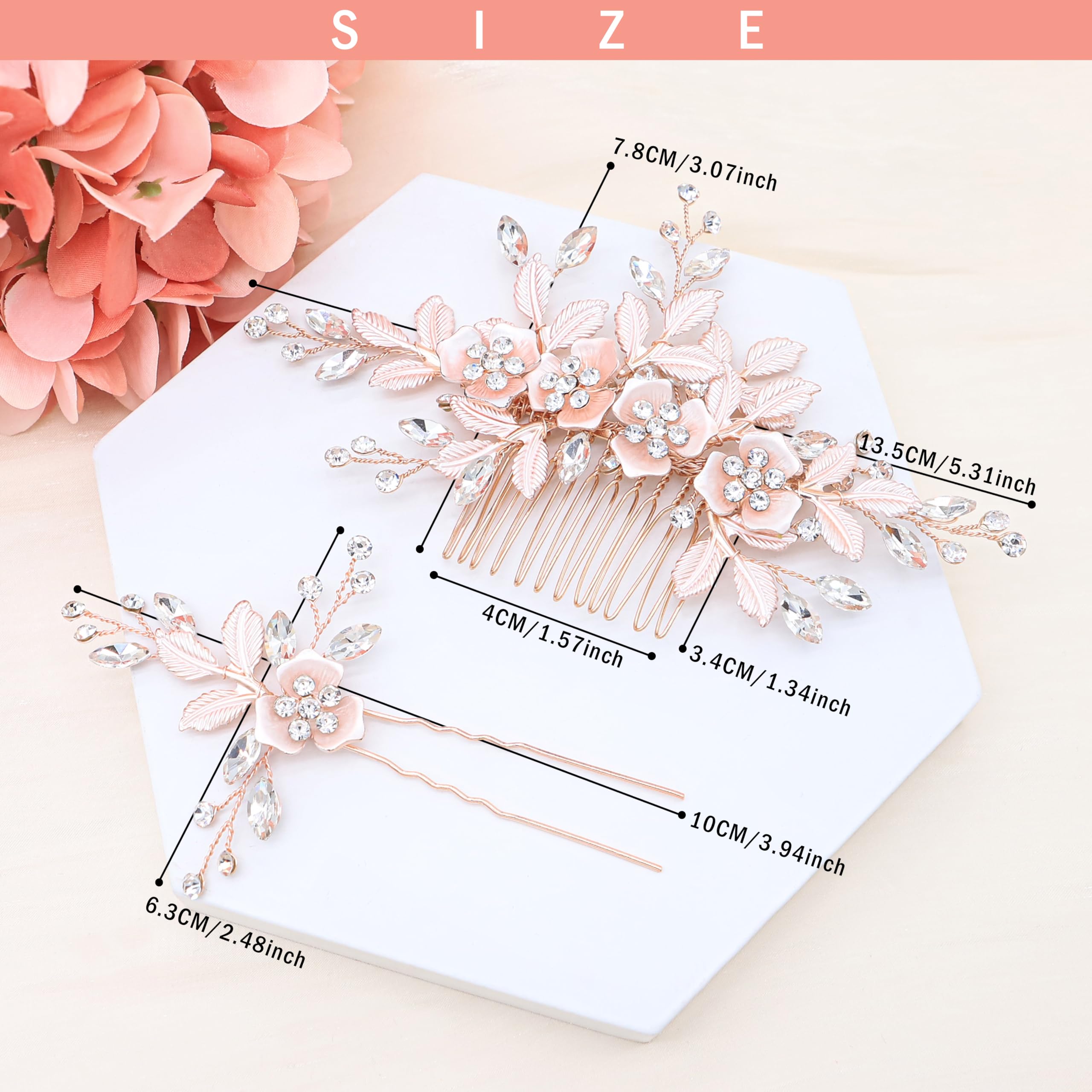 Ammei Rose Gold Hiair Side Comb With 2 Set Hair Pins Bridal Hair Accessories Weding Headpiece Set
