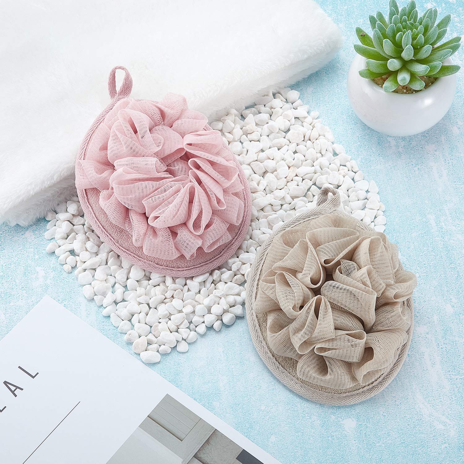 6 Pieces Bath Shower Pouf Sponge Mesh Pouf Shower Ball Exfoliating Body Loofah Shower Scrubber Ball Shower Glove with Flower Bath Balll (Khaki, Coffee, Pink)
