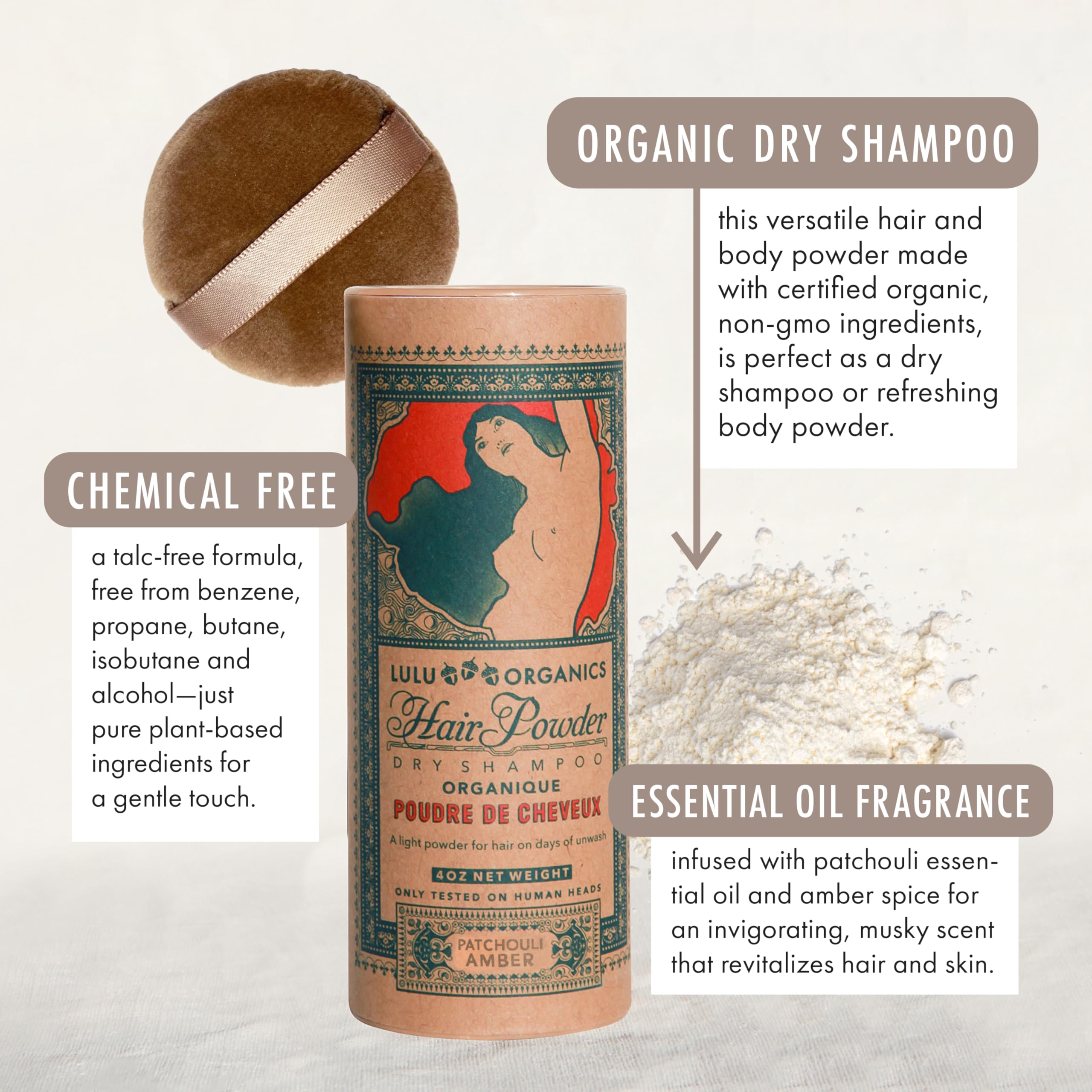 Non Aerosol Dry Shampoo Powder for Dark, Blonde and Oily Hair, All Natural Organic Hair and Body Powder, Paraben &Talc free No White Cast Synthetic Fragrance, Patchouli and Amber - 4oz
