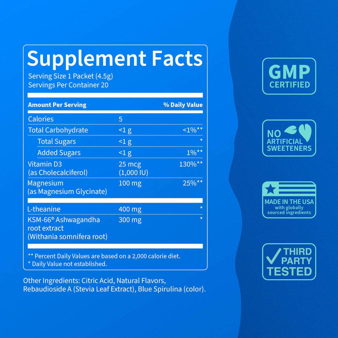 Nello Supercalm Powdered Drink Mix, Blue Coconut, L Theanine, Ksm-66 Ashwagandha, Magnesium Glycinate, Vitamin D 3, Supplements for Relaxation & Focus, No Sugar, Non GMO, On The Go, 20 Srvgs