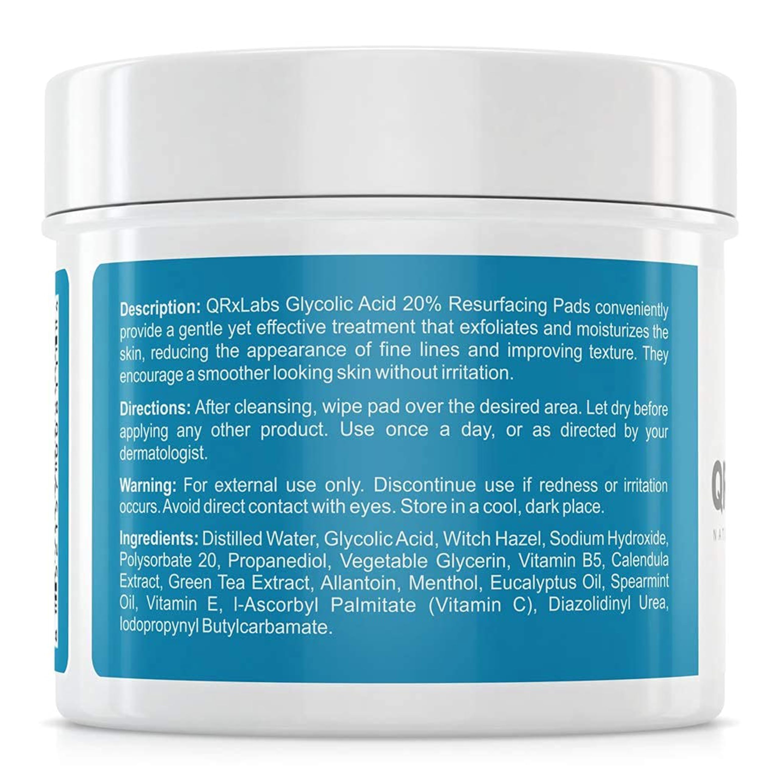 QRxLabs Glycolic Acid 20% Resurfacing Pads with Vitamins B5, C and E, Green Tea, Calendula, Allantoin