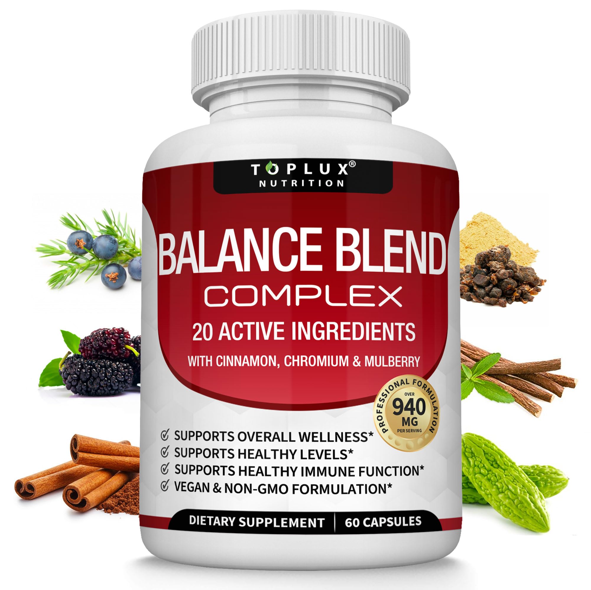 Premium Natural Complex Supplement - Natural 20 Herbs and Vitamins with Cinnamon Non-GMO Vegan, for Men Women, 60 Capsules