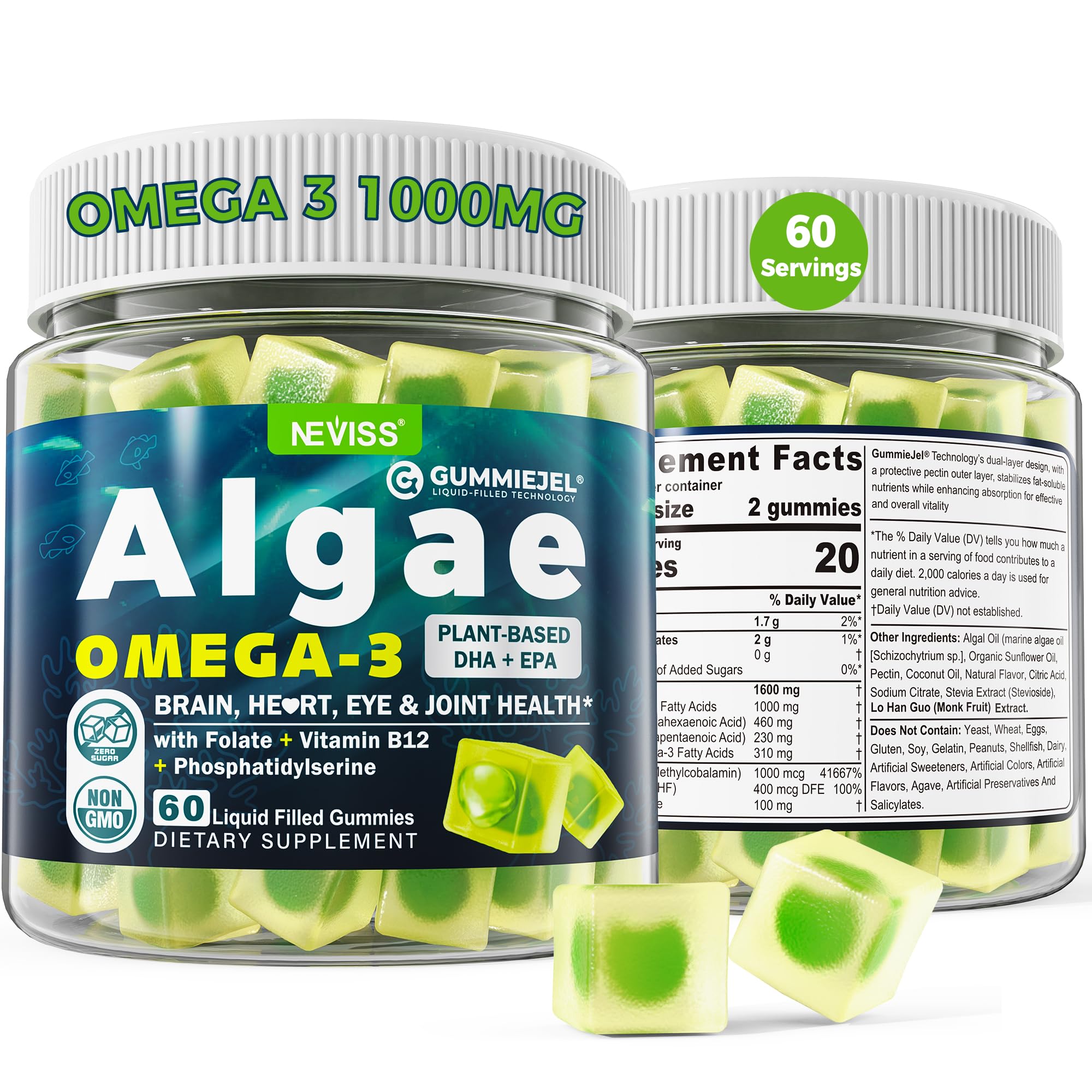 Vegan Omega 3 Gummies 1000mg w/MethylFolate, Vitamin B12, Omega 3 Fish Oil Alternative for Adults, Plant Based DHA 460mg & EPA 230mg for Brain, Mobility, Eye & Immune, Sustainable, Sugar Free, 120 Cts
