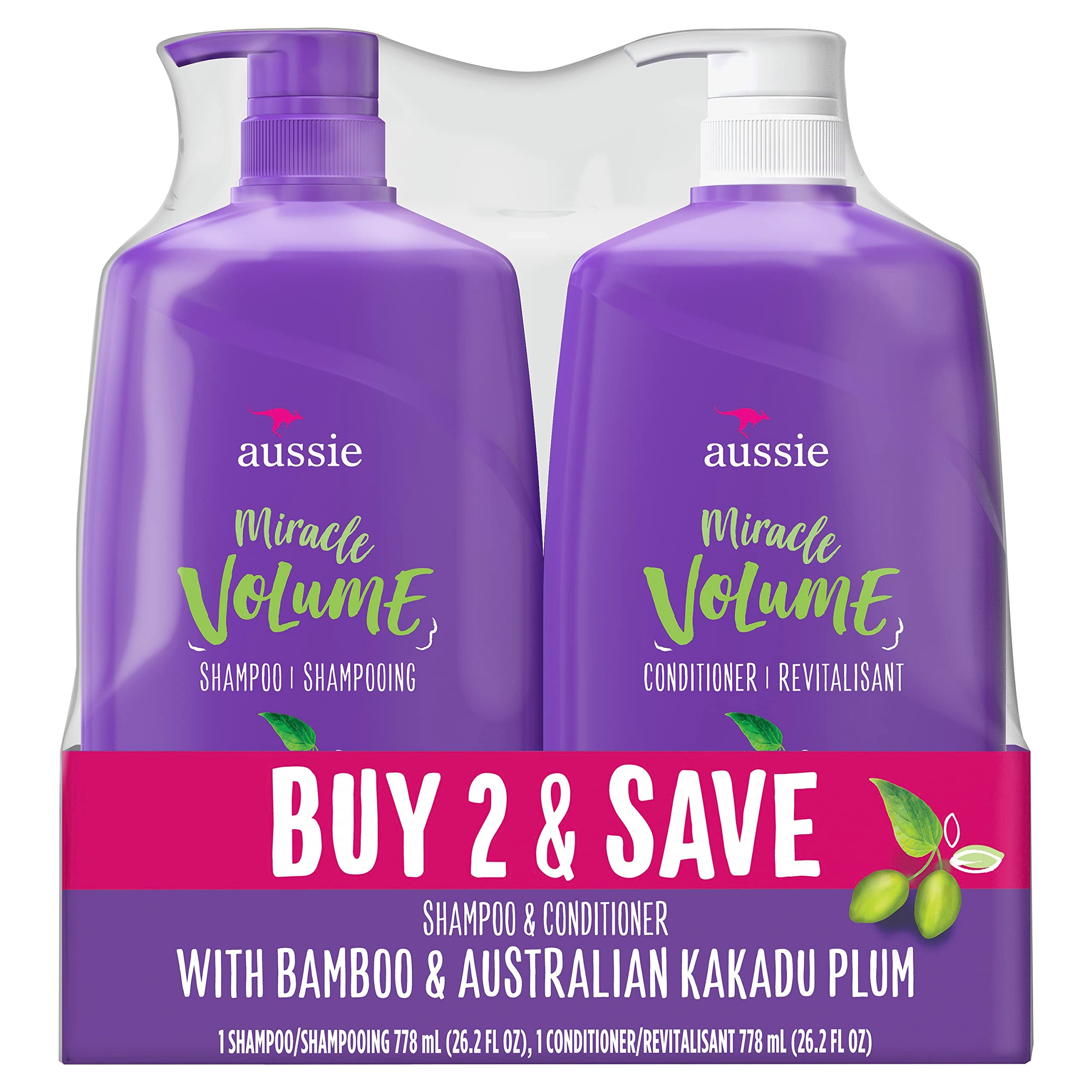 Aussie Miracle Volume With Bamboo & Kakadu Plum, Paraben Free Shampoo & Conditioner, 26.2 Fl Oz Dual Pack, 52.4 Fl Oz (Pack Of 2)